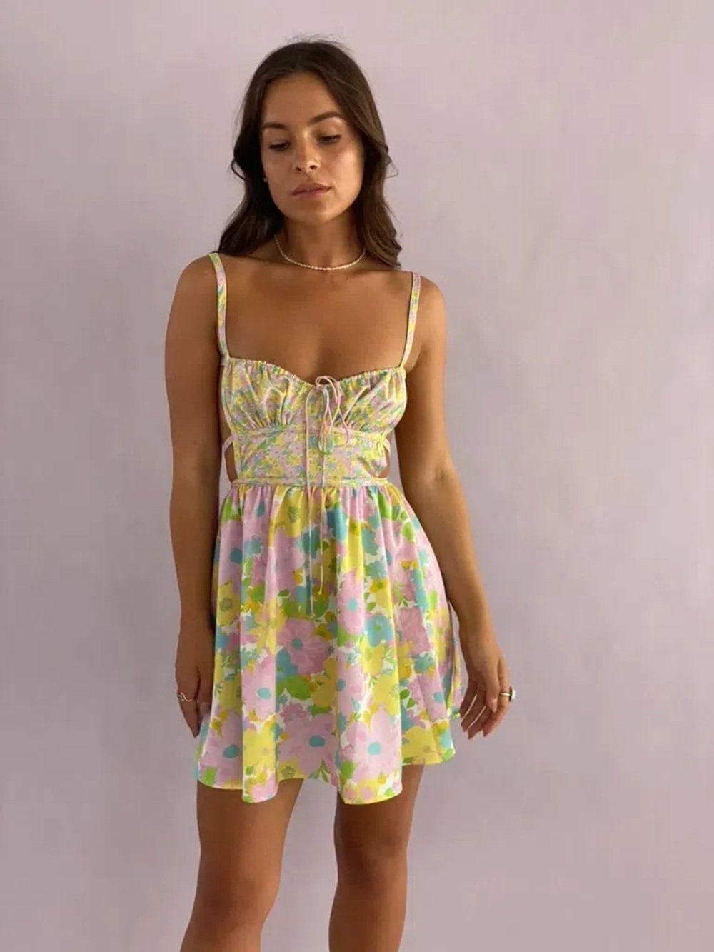 For Love & Lemons Emily Floral Backless Mini Dress Medium Pastel - Picture 7 of 10